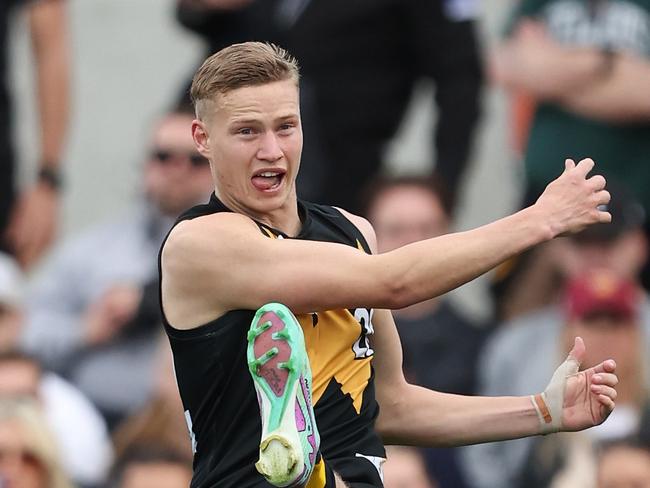 MELBOURNE, AUSTRALIA - SEPTEMBER 22: Flynn Young of the Tigers kicks the ball during the 2024 VFL Grand Final match between Werribee and the Southport Sharks at IKON Park on September 22, 2024 in Melbourne, Australia. (Photo by Rob Lawson/AFL Photos via Getty Images)
