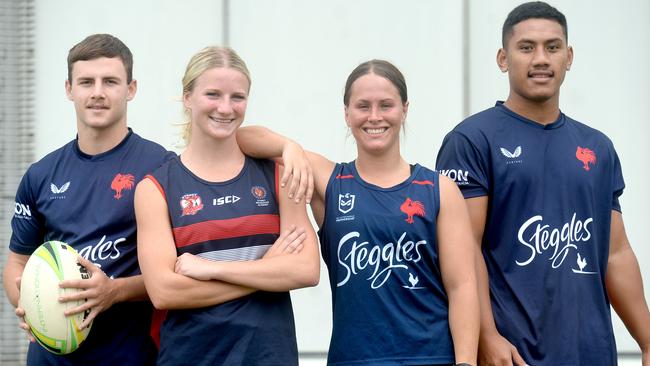 Tayla Montgomery (second from left) with fellow junior Roosters rising stars Sandon Smith (left), Keilee Joseph and Jordan Swann. Picture: Jeremy Piper