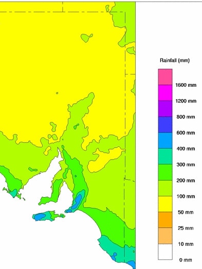 The map shows the average February to July rainfall for the period 1981 to 2010. On average, most of the Lower South East has more than 300mm, with pockets of the far south around 400mm.