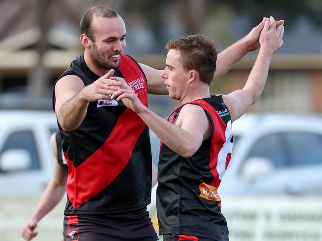 RDFL footy: Riddell v Melton Centrals at Riddell Creek Recreation Reserve. 4th June 2022.  Tommy Alkemade of Riddell celebrates his goal.Picture : George Sal