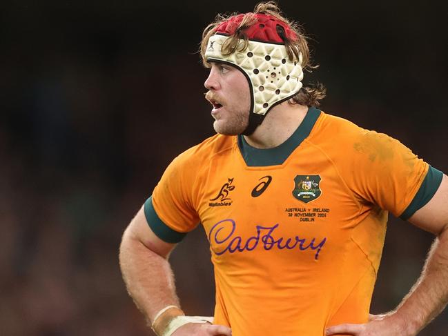 DUBLIN, IRELAND - NOVEMBER 30:  Fraser McReight of Australia looks on  during the Autumn Nations Series 2024 match between Ireland and Australia at the Aviva Stadium on November 30, 2024 in Dublin, Ireland. (Photo by David Rogers/Getty Images)