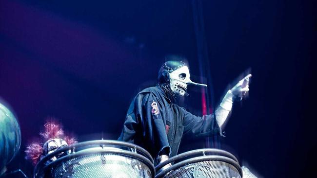 Slipknot stage drummer Chris Fehn during the performance at the Brisbane Entertainment Centre. Picture: Asagai Images