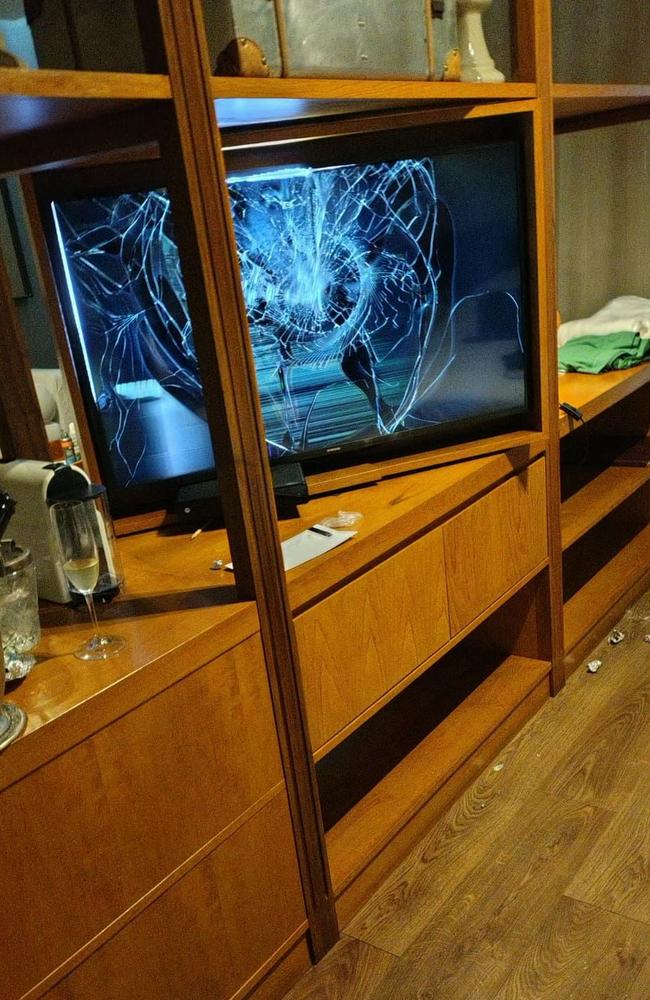 An LED television with a dent in its screen inside Payne’s hotel room. Picture: AFP PHOTO / Buenos Aires Police