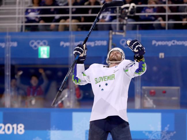 Jan Mursak #39 of Slovenia celebrates after scoring the game winning goal against Ryan Zapolski #30 of the United States in overtime of the Men’s Ice Hockey Preliminary Round Group B game on day five of the PyeongChang 2018 Winter Olympics at Kwandong Hockey Centre on February 14, 2018 in Gangneung, South Korea. Picture: Getty Images