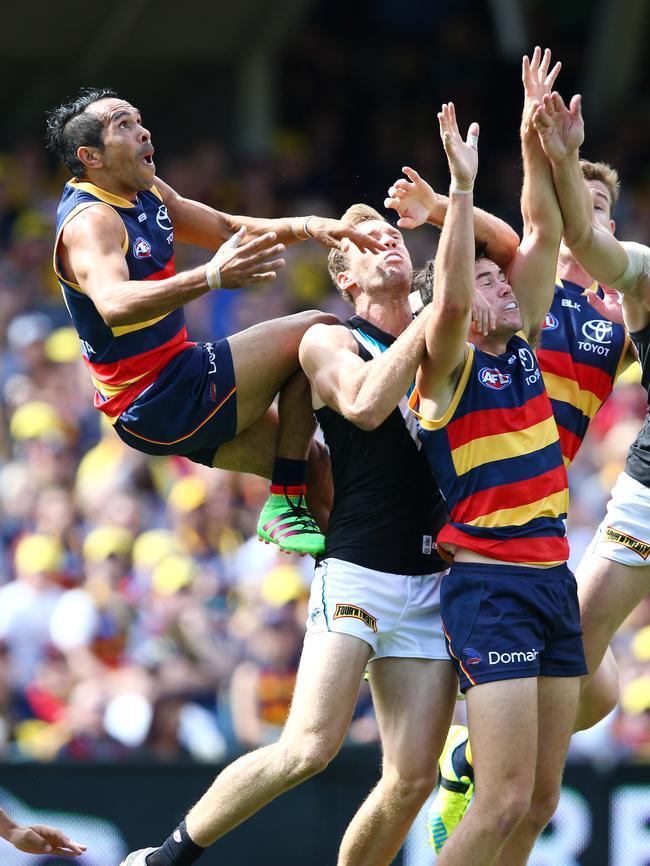 Eddie Betts flies for an attempted mark in Showdown 40. Picture: Sarah Reed.