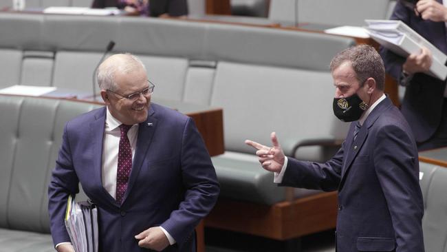 Prime Minister Scott Morrison with Dan Tehan, who will take over the Trade portfolio. Picture: NCA NewsWire / Gary Ramage