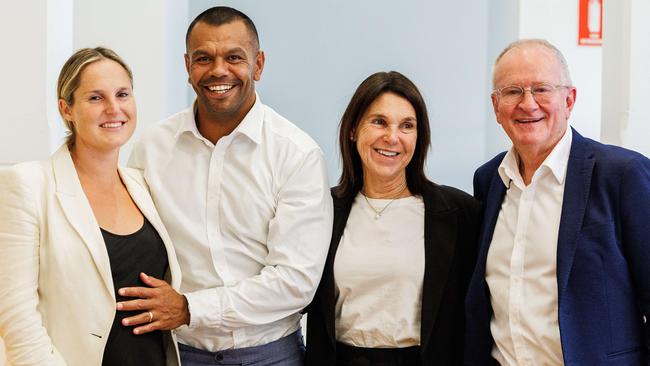 Kurtley Beale with his wife Maddi (left) and family after the court verdict. Picture: David Swift