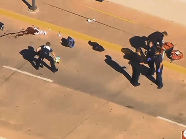 This still image taken from an aerial video provided by KWTV shows police responding to a shooting at Will Rogers World Airport in Oklahoma City. Picture: KWTV.