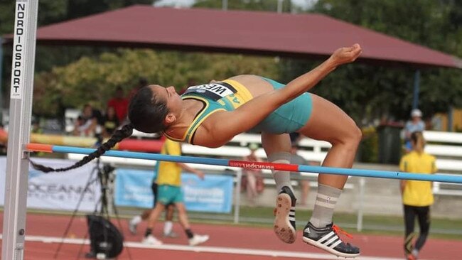 Tori West clears the bar during the high jump event in the open women's heptathlon. Picture Facebook/Tori West