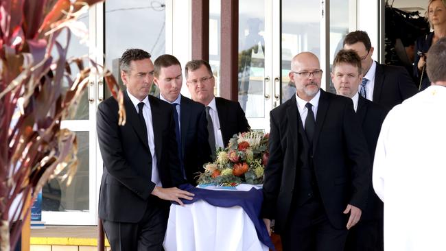 John Ahern (left) with coffin of his father, at the State Funeral Service for Mike Ahern AO, at Our Lady of the Rosary Catholic Church, Caloundra, on Friday 25th August 2023 - Photo Steve Pohlner