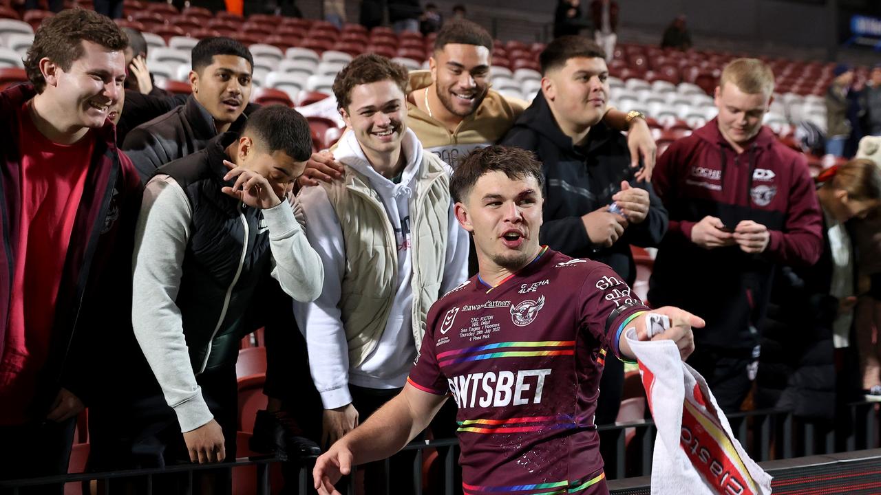 Manly rookie Zac Fulton has clearly inherited his grandfathers sharp tongue, after trying to get under the skin of Jared Waerea-Hargreaves. Picture: Getty Images.