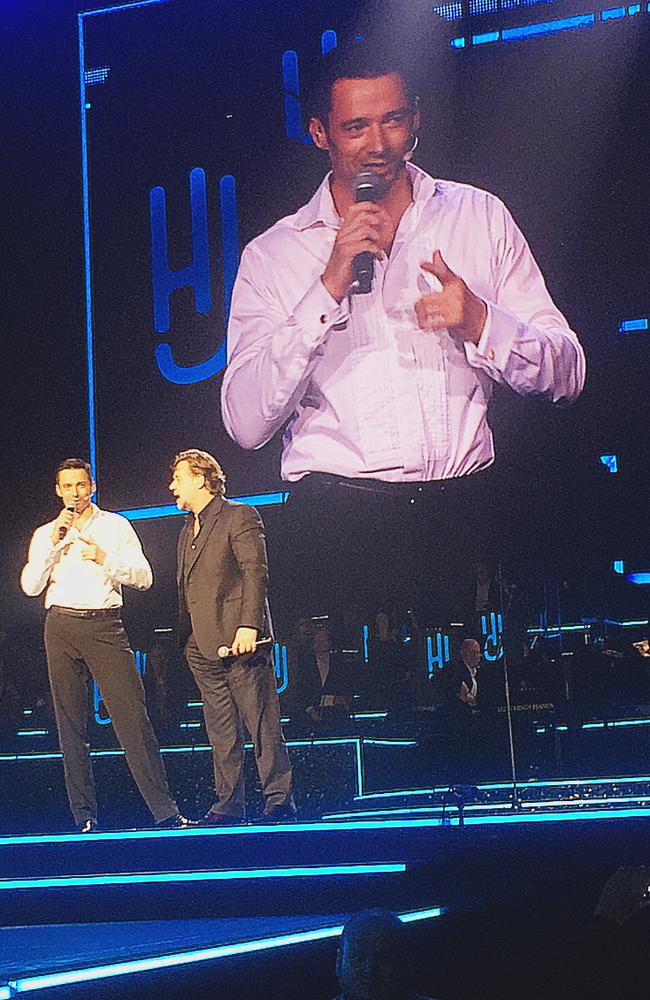 Hugh was joined by Russell Crowe on stage at the Qantas Credit Union stadium