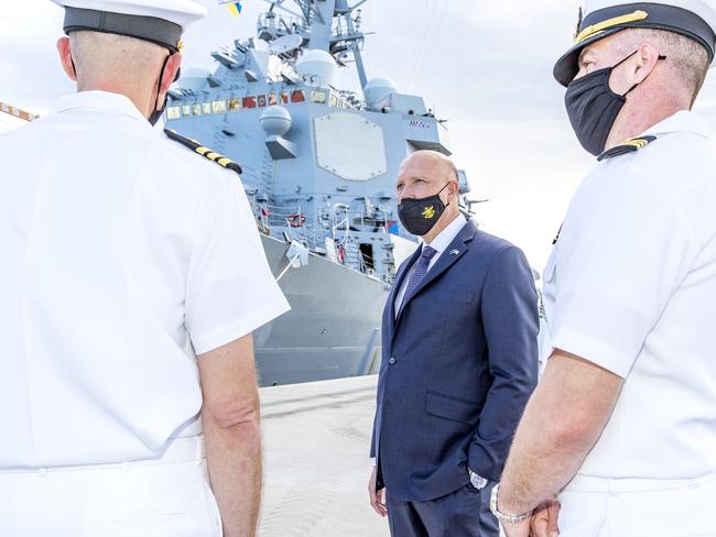 Minister for Defence Peter Dutton on board US Navy destroyer USS Sampson docked in Brisbane, Friday, February 11, 2022 - Picture: Richard Walker