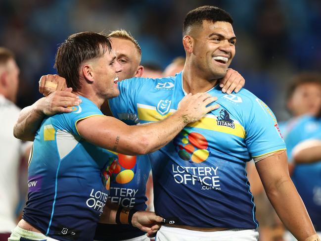 David Fifita celebrates a try against Manly. Picture: Chris Hyde/Getty Images