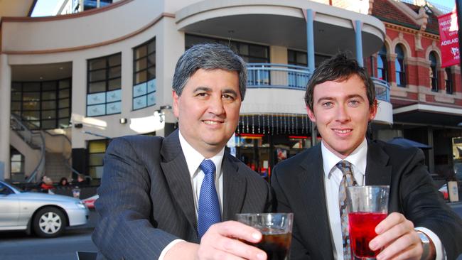 EARLY DAYS: Rob Lucas and Daniel Gannon in 2008 advocating against closing hotels early . Picture: Matt Carty