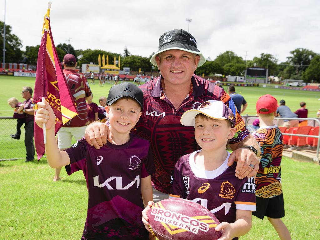 Steven Wallace with his sons Stevie (left) and Mason Wallace at the Brisbane Broncos Captain's Run and Toowoomba Fan Day at Toowoomba Sports Ground, Saturday, February 15, 2025. Picture: Kevin Farmer