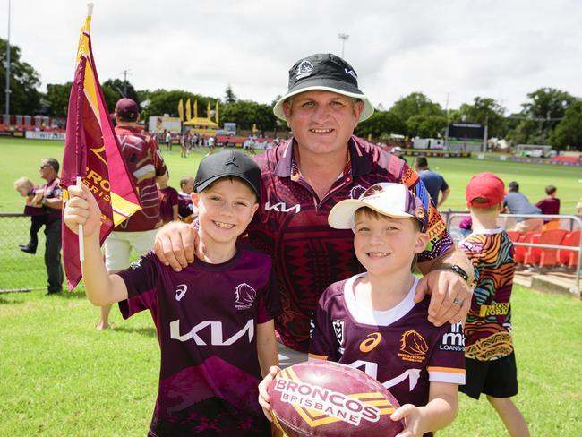 Steven Wallace with his sons Stevie (left) and Mason Wallace at the Brisbane Broncos Captain's Run and Toowoomba Fan Day at Toowoomba Sports Ground, Saturday, February 15, 2025. Picture: Kevin Farmer