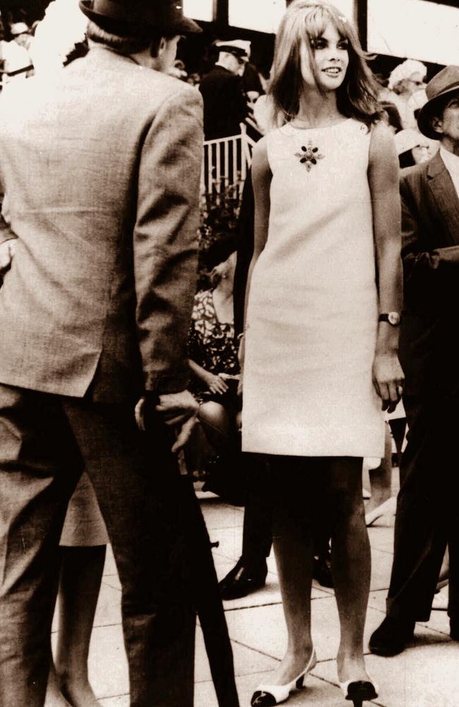 English model Jean Shrimpton caused a stir at the 1965 Melbourne Cup, wearing a mini-dress and no hat or gloves. Picture: Supplied