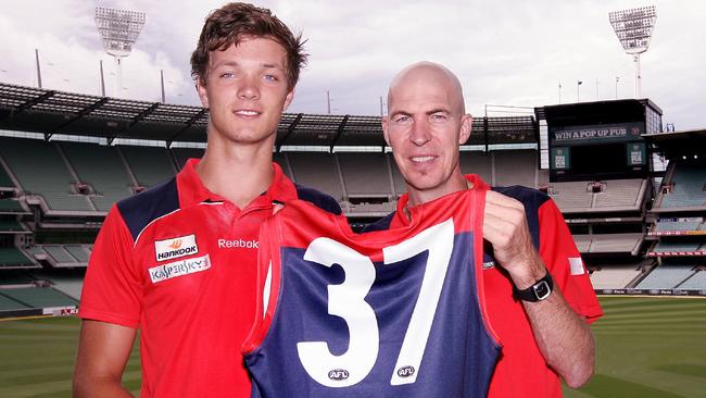 A fresh-faced Max Gawn with Melbourne legend Jim Stynes, who handed the young ruckman his famous No.37 guernsey.