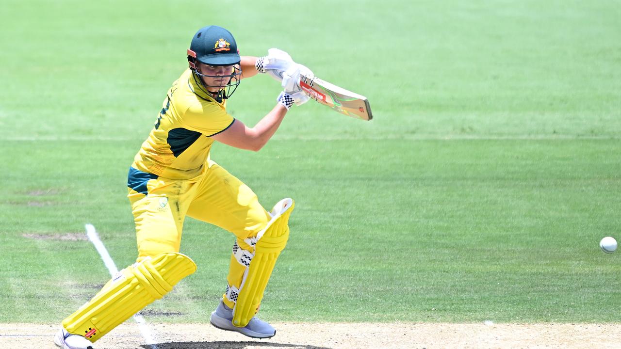 Georgia Voll of Australia plays a shot during game two of the Women's One Day International Series between Australia and India at Allan Border Field. Photo: Bradley Kanaris/Getty Images