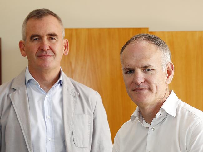 WEEEKEND TELEGRAPHS - 30/10/20*** MUST NOT USE BEFORE CLEARING WITH ST PIC EDITOR JEFF DARMANIN ***News Corp CEO Michael Miller and Woolworths CEO Brad Banduci (wearing jacket) pictured at Holt ST today. Picture: Sam Ruttyn