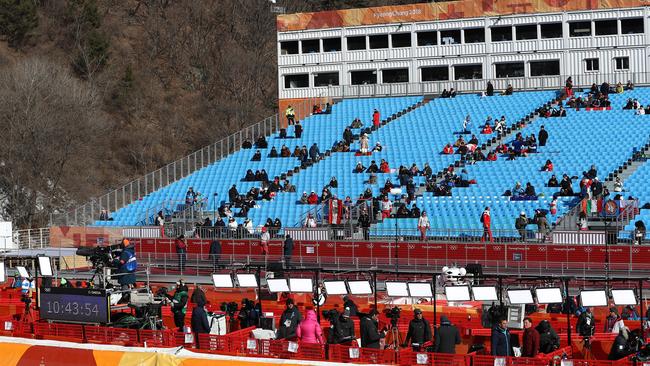 Empty seats at the men’s Super-G on day seven of the PyeongChang Games. Picture: Getty