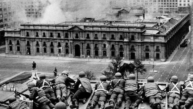 Army troops fire on the La Moneda palace in 1973.