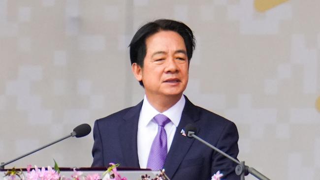 Taiwan's President Lai Ching-te delivers his address during National Day celebrations in front of the Presidential Office in Taipei. Picture: AFP