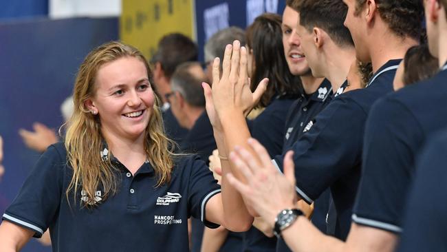 Swimmer Ariarne Titmus celebrates her 2019 world championship selection.(AAP Image/Darren England)