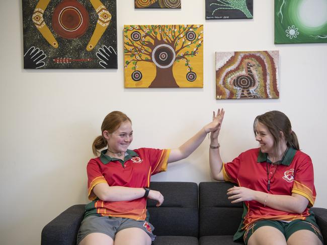 South Grafton year 10 student Caitlin Eggins, and year 9 student Sharlee Cook are all smiles about being chosen for the $20,000 Harding Miller Education Foundation Scholarship. Photo: Adam Hourigan