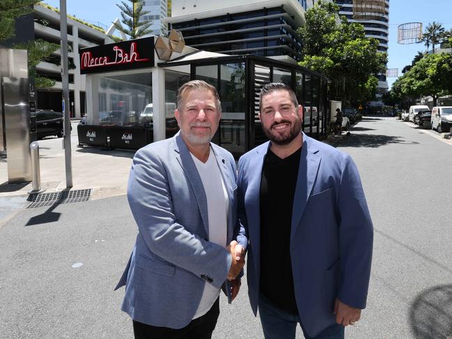 Gold Coast premium dining destination, Oracle Boulevard, announcied a multi-million-dollar transformation that will set a new standard for luxury dining and redefine the culinary scene on the Coast. SOX Hospitality founder Simon Morris and Jason Makris, CEO of Makris Group, at the announcement. Picture Glenn Hampson