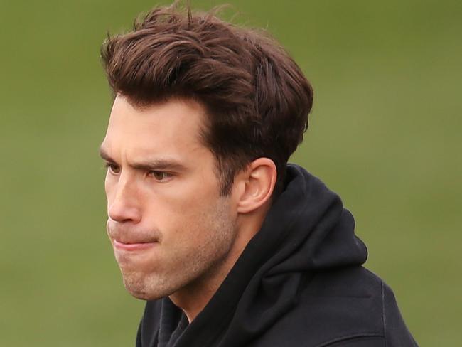 MELBOURNE, AUSTRALIA - JULY 18: Alex Rance of the Tigers handballs  during a Richmond Tigers AFL training session at Punt Road Oval on July 18, 2019 in Melbourne, Australia. (Photo by Michael Dodge/Getty Images)