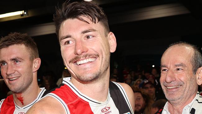 MELBOURNE, AUSTRALIA - JULY 07: Andrew Bassat, President of St Kilda Football Club celebrates with Josh Battle of the Saints during the round 17 AFL match between St Kilda Saints and Sydney Swans at Marvel Stadium, on July 07, 2024, in Melbourne, Australia. (Photo by Kelly Defina/Getty Images)