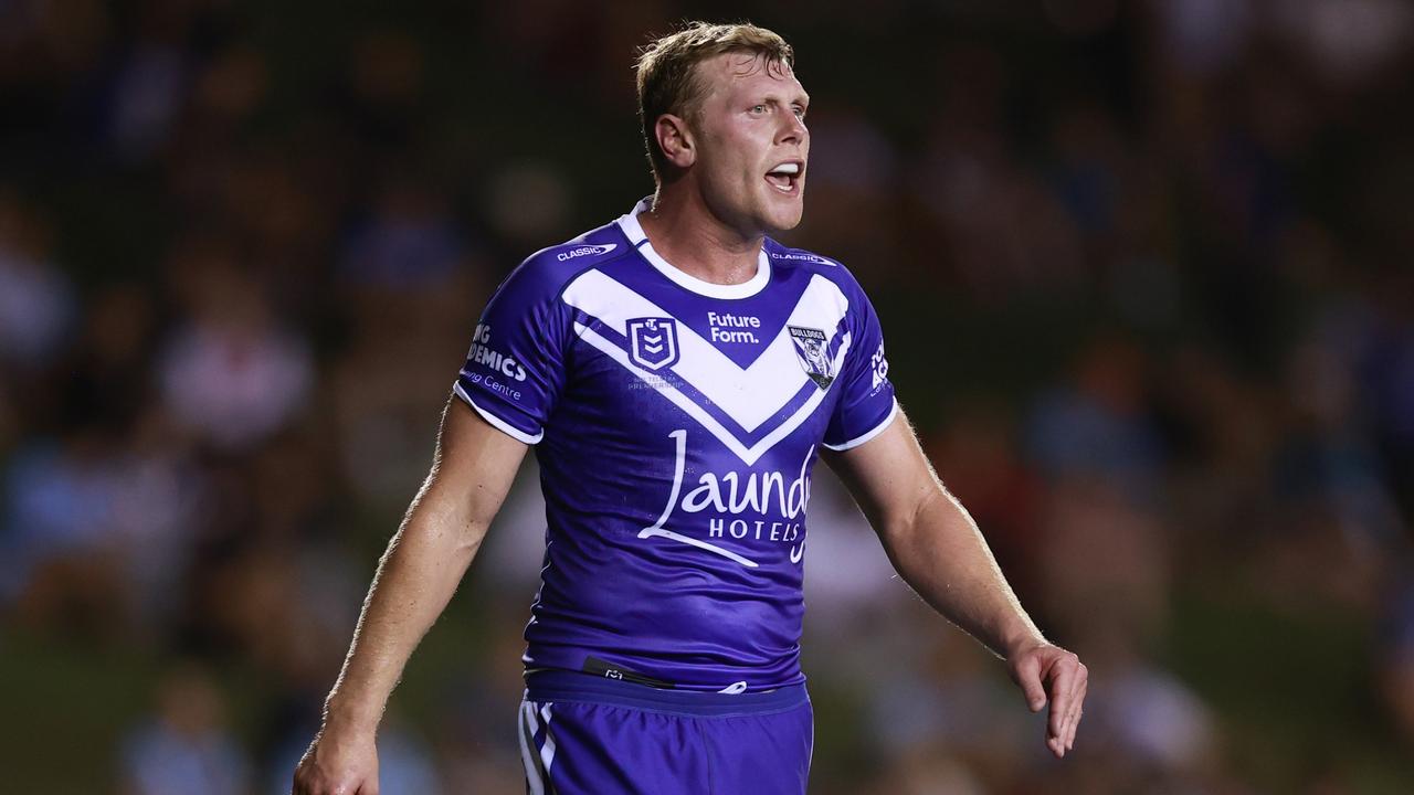 SYDNEY, AUSTRALIA - FEBRUARY 23: Drew Hutchison of the Bulldogs looks on during the NRL Pre-season challenge match between Cronulla Sharks and Canterbury Bulldogs at Belmore Sports Ground on February 23, 2024 in Sydney, Australia. (Photo by Jason McCawley/Getty Images)