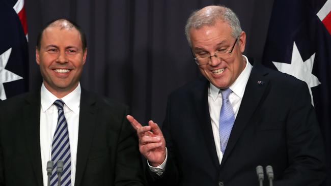 Prime Minister elect Scott Morrison, right, with deputy leader of the Liberal Party Josh Frydenberg. Picture: Kym Smith