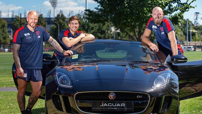 Demons stars Nathan Jones, Jack Viney and Max Gawn at the announcement of Melbourne’s new sponsorship deal with Jaguar at Gosch’s Paddock. Picture: Sarah Matray