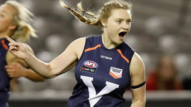 Daria Bannister celebrates a goal during the 2017 AFLW Under 18 State of Origin match between Victoria and the Allies. Picture: Getty