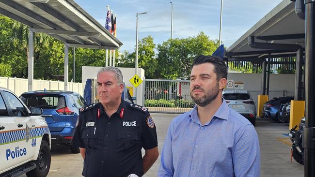 Minister for Police Brent Potter announces the decision to fast track PALI officers to constables with police commissioner Michael Murphy. Picture: Jordan McCarthy