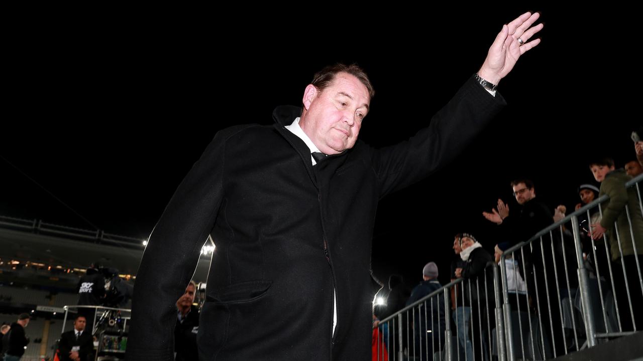 All Blacks coach Steve Hansen waves to fans at Eden Park.