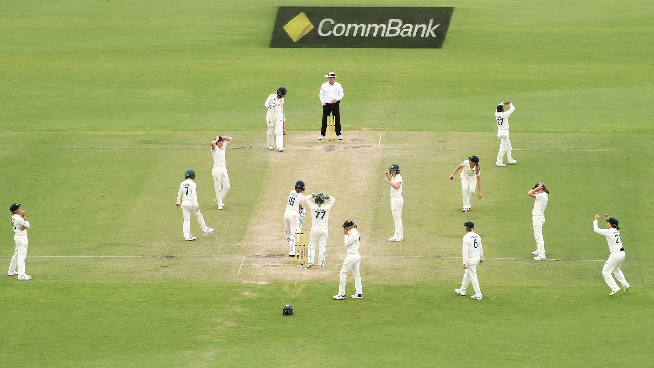 Kate Cross of England blocks out the final ball. Photo by Mark Kolbe/Getty Images