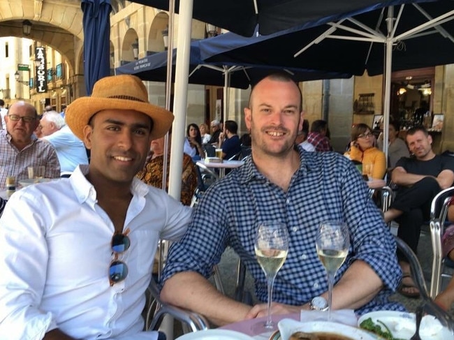 New Hobart Theatre Royal chief executive Simon Wellington and partner Dr Sanjeev Kumar at San Sebastian, in 2016. Picture: Supplied.