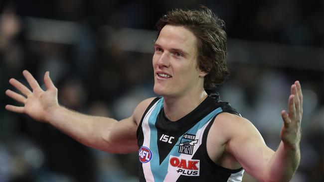 Port Adelaide Jared Polec celebrates a goal against the Western Bulldogs at Adelaide Oval. Can he reproduce his excellent season at the Kangaroos? Picture Sarah Reed