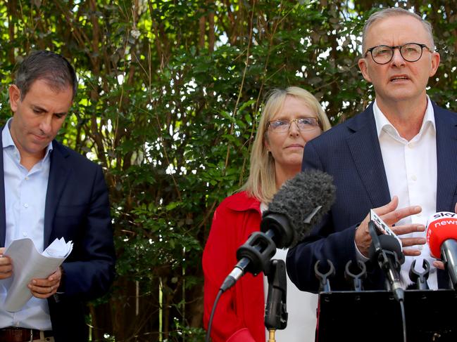 Anthony Albanese with Shadow Treasurer Jim Chalmers and Labor candidate for Brisbane, Madonna Jarrett. Picture: Toby Zerna