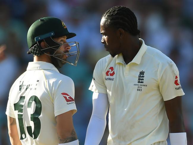 Archer exchanging works with Matthew in the fifth 2019 Ashes Test. Picture: Alex Davidson/Getty Images