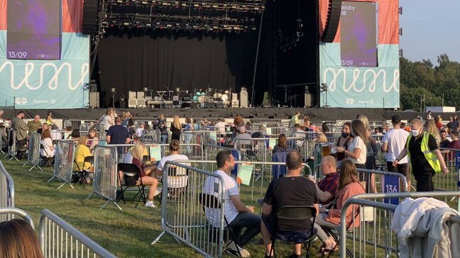 A music festival in the UK last week featured metal podiums and enclosures made of metal to ensure social distancing. Picture: Twitter