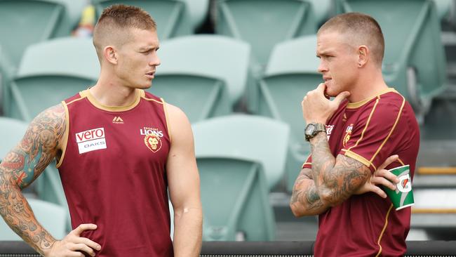 Dayne Beams (left), with younger brother Claye Beams, has been on a modified program following post-season shoulder surgery. Picture: Michael Willson