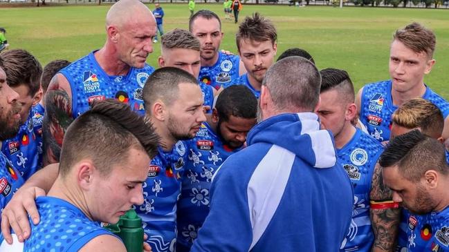 Smithfield Football Club's men’s division five team durin a huddle in 2020. The Panthers will not field a team in this year’s Adelaide Footy League competition due to a lack of numbers. Picture: Supplied, Smithfield Football Club