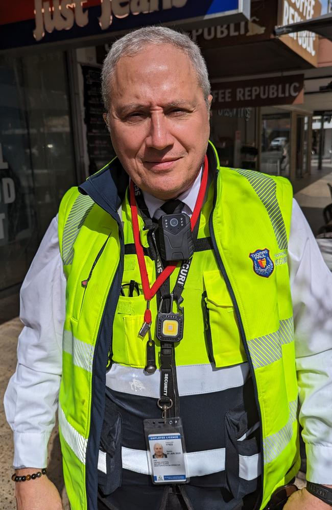 Thomas Paul Security guard John Mokomoko at Brisbane St Mall, September 15, 2023. Picture: Alex Treacy