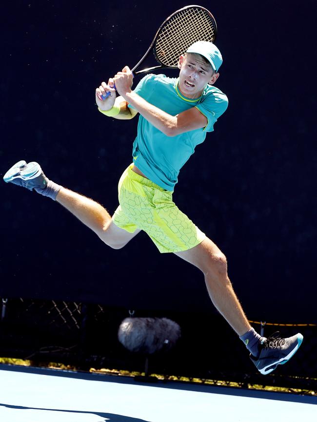 Alex de Minaur with a backhander on the run. Picture: Michael Klein