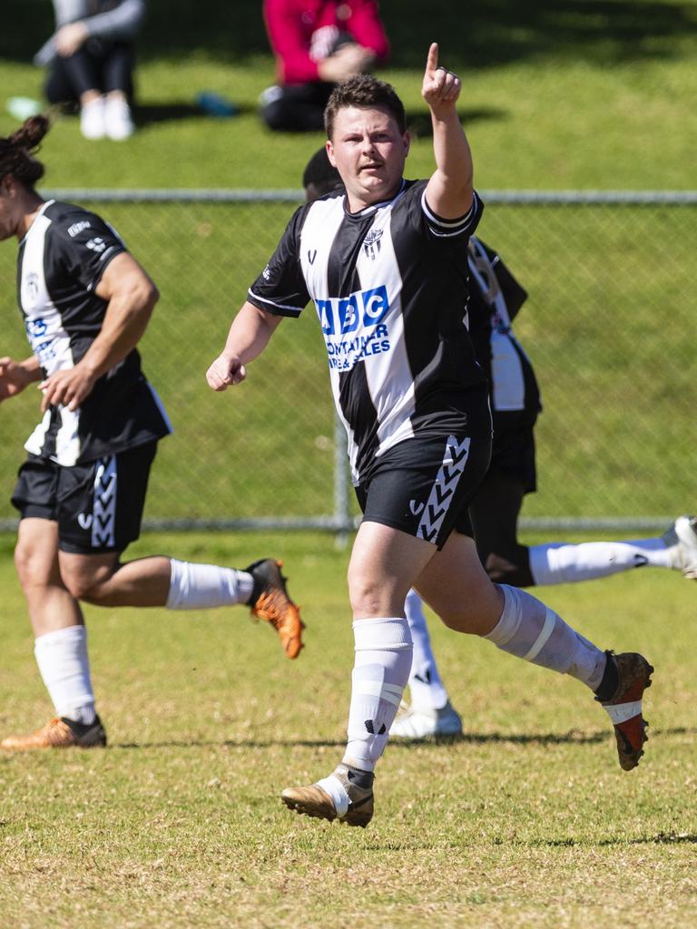 Kieran Antell of Willowburn gestures to teammates after Willowburn scored against West Wanderers in U23 men FQ Darling Downs Presidents Cup football at West Wanderers, Sunday, July 24, 2022. Picture: Kevin Farmer